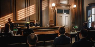 A courtroom scene with a judge and audience under warm light.