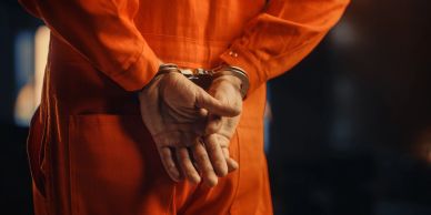 Person in orange jumpsuit with hands cuffed behind back.
