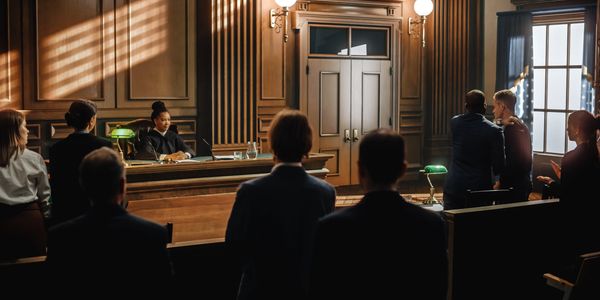 A courtroom scene with a judge, lawyers, and participants during a trial.