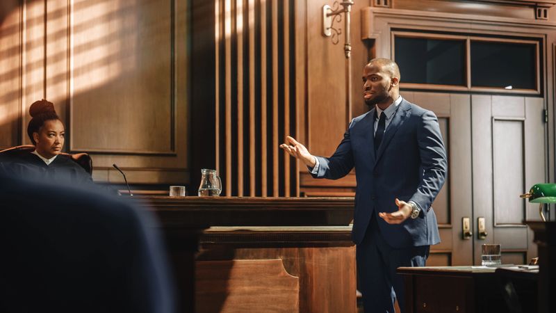 Court of Justice and Law Trial: Male Public Defender Presenting Case, Making Passionate Speech to Judge, Jury. African American Attorney Lawyer Protecting Client's Innocents with Supporting Argument.