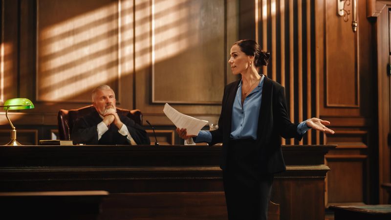 Court of Justice and Law Trial: Successful Female Prosecutor Presenting the Case, Making Passionate Speech to Judge, Jury. Attorney Lawyer Protecting Client with Closing Not Guilty Arguments.