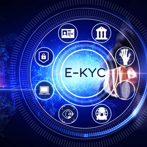 Digital E-KYC process with biometric and identity verification icons.