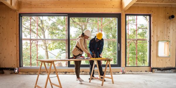 Man and woman reviewing ADU construction design plans standing inside the semi-completed ADU