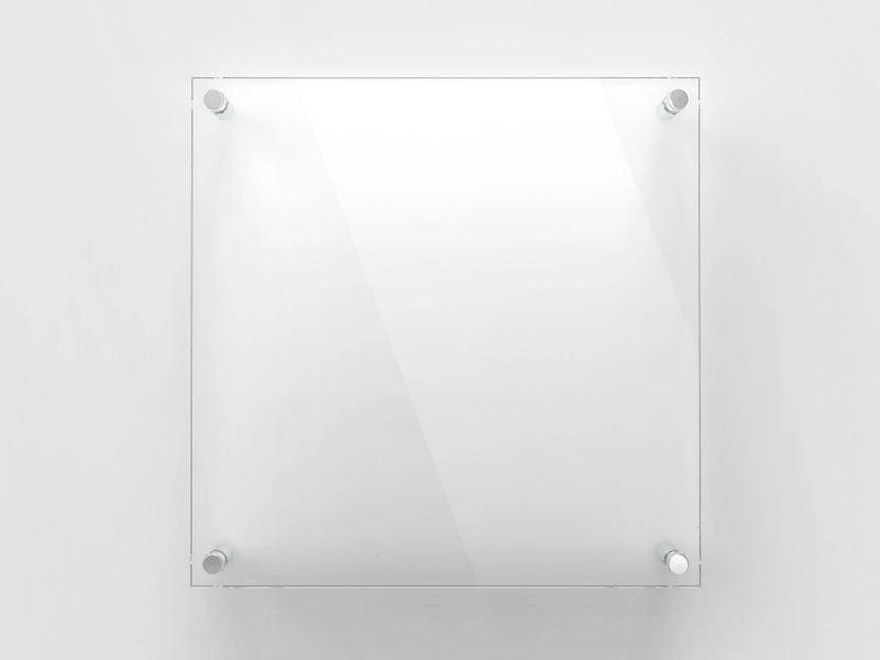Square Transparent glass nameplate plate on spacer metal holders. Clear printing board for branding. Acrilic advertising signboard on white background mock-up front view. 3D illustration