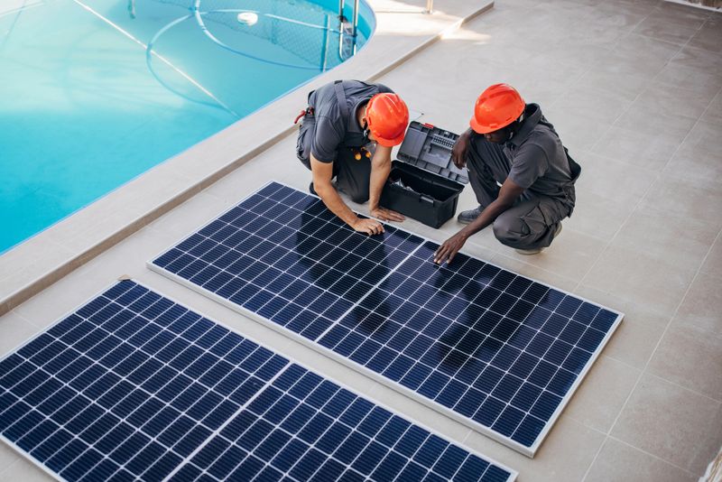 Two people, male engineers with protective helmets preparing for installing solar panels.