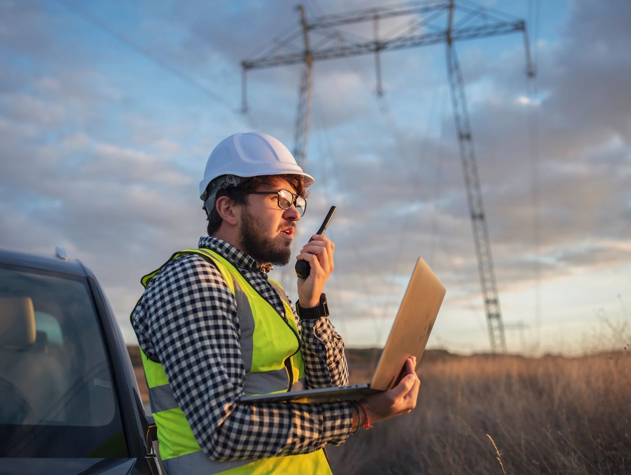 Engineer in safety gear communicating via walkie-talkie at a power line site.