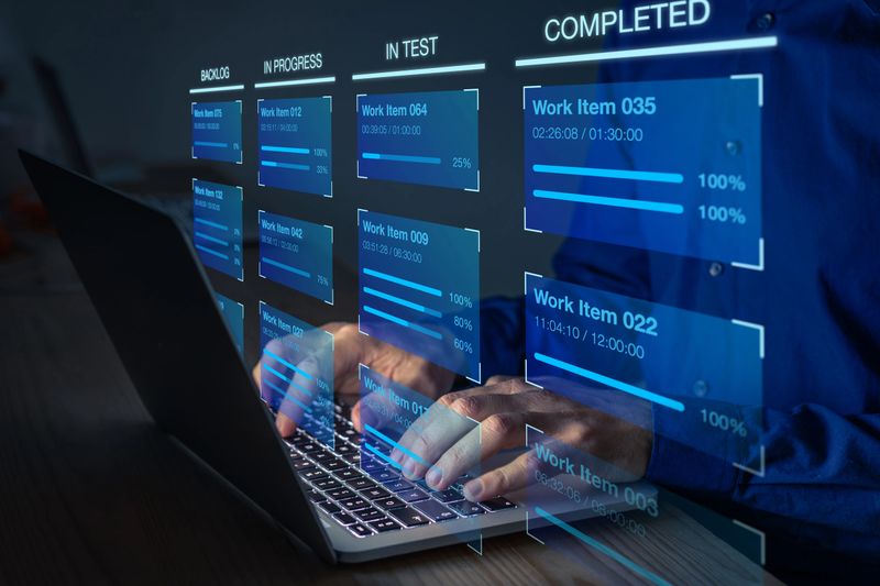 Agile software development with developer using Kanban board framework methodology on computer. Devops team, lean project management tool for fast changes, incremental work, iterative process.