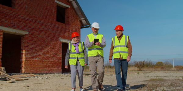 Elderly construction workers inspecting a building site.