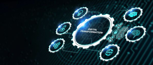 Digital transformation concept with glowing icons and gears on a dark background.