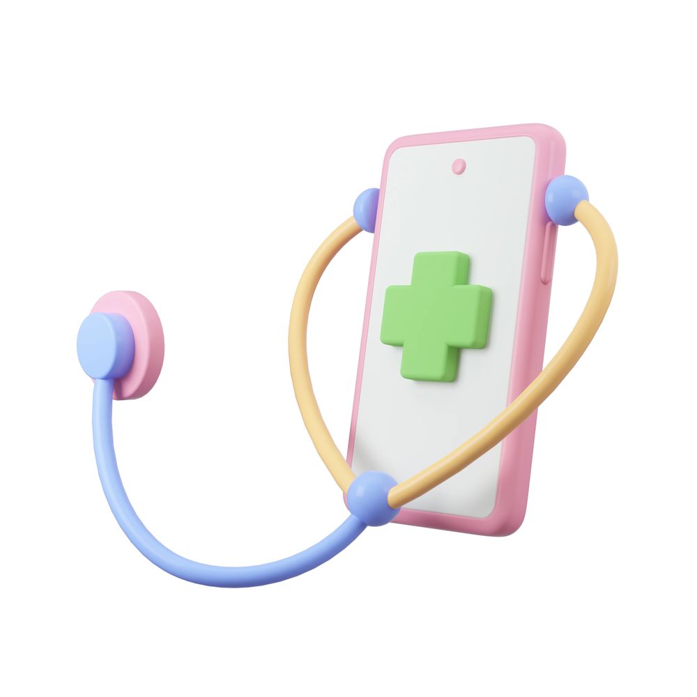 3D illustration of a smartphone with a stethoscope, symbolizing telehealth or digital health.