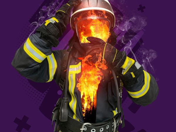 Firefighter engulfed in flames with fire imagery inside the suit.