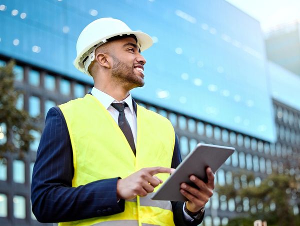 Engineer in a hard hat and safety vest using a tablet outdoors.