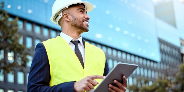 Confident engineer in a suit and yellow safety vest using a tablet on a construction site.