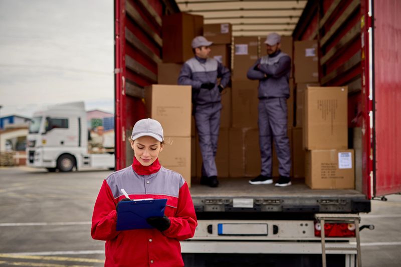 Woman receiving delivery, signing a clipboard