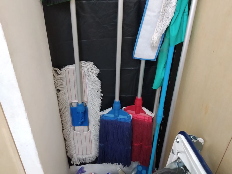 Jakarta Indonesia October 22, 2021 .. cleaning service equipment, red and blue mops