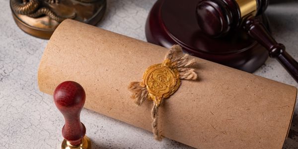 Sealed document with a gavel and stamp.