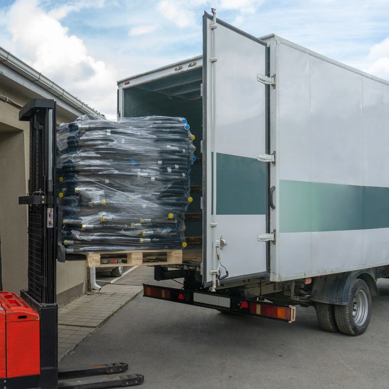 Loading the product into a truck using a forklift during the day. Transportation of goods.