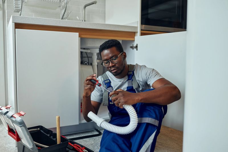Black plumber in uniform fixing kitchen sink He is sitting on the floor in kitchen and holding pipe