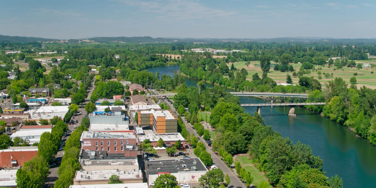 Aerial view of downtown Corvallis in Benton County, Oregon.