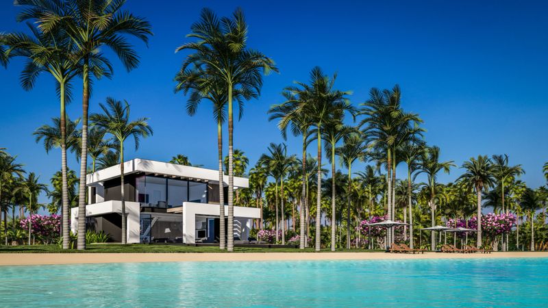 3d rendering of modern cozy house with pool and parking for sale or rent in luxurious style by the sea or ocean. Sunny day by the azure coast with palm trees and flowers in tropical island