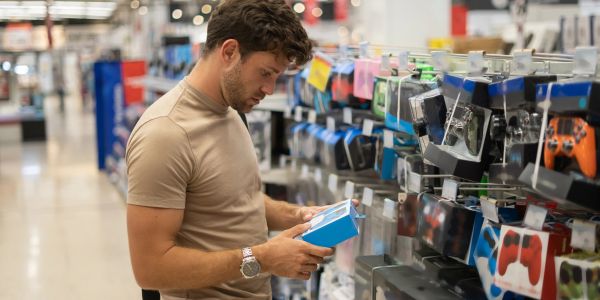 Man shopping for gaming accessories in a store.
