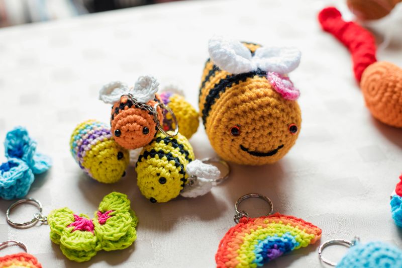 Close up of different crochet products a woman has made to sell in her store in the North East of England.