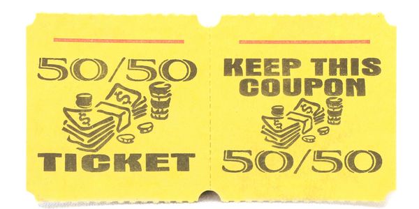 Yellow 50/50 raffle ticket with money graphics and instructions to keep coupon.