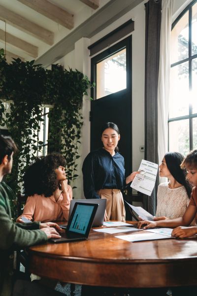Business team in a meeting with charts and graphs.