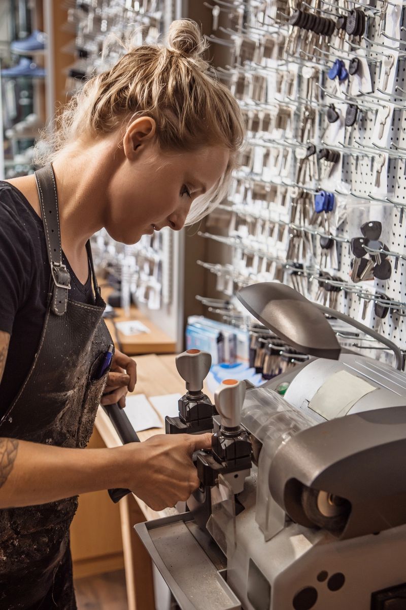 Beautiful blonde Female key maker working in a store after reopening in the new normal