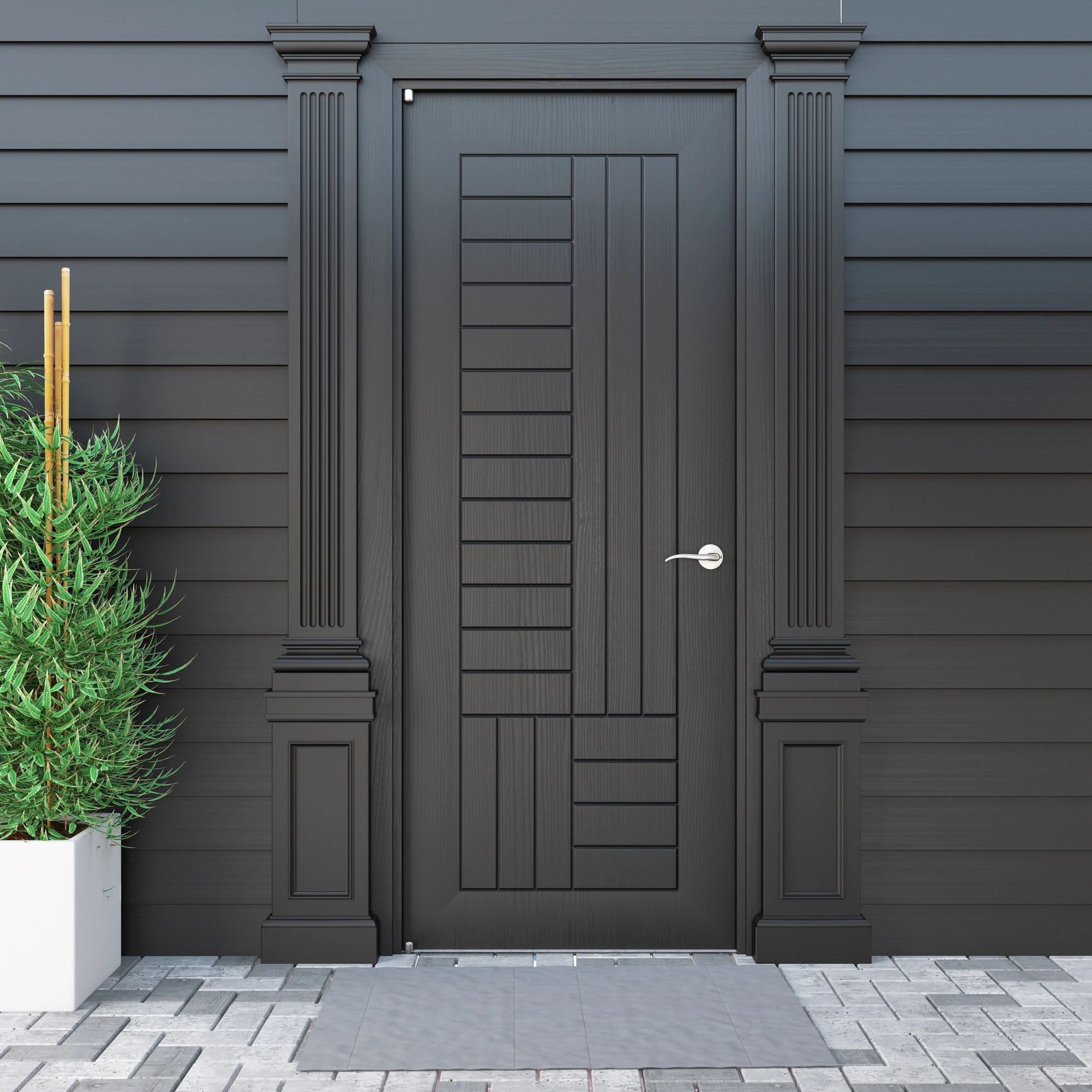 Modern black front door with geometric panel design and silver handle.