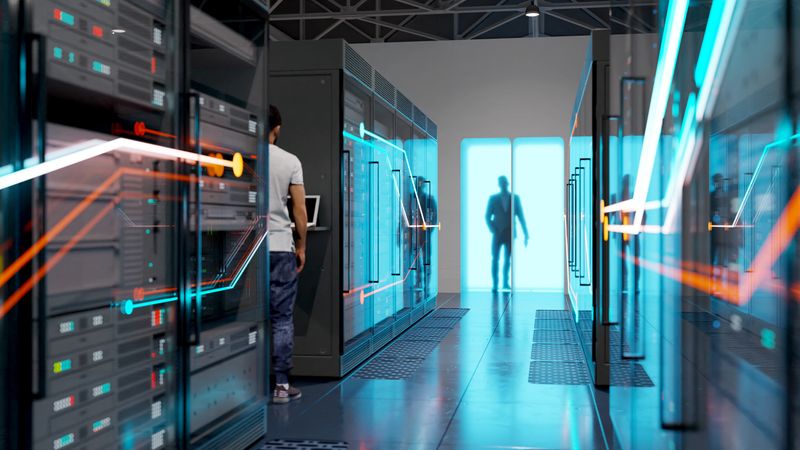 Modern dark data center, all objects in the scene are 3D