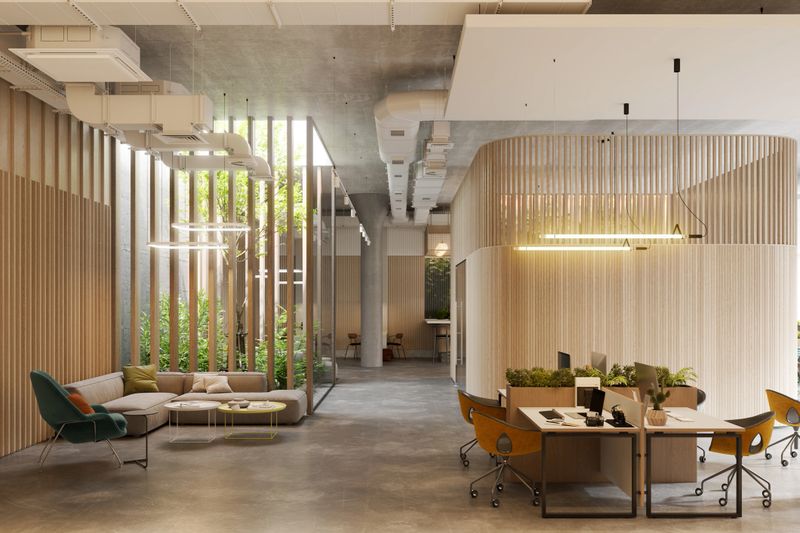 Computer generated image of a large modern office space. Interior of open space office in 3d.