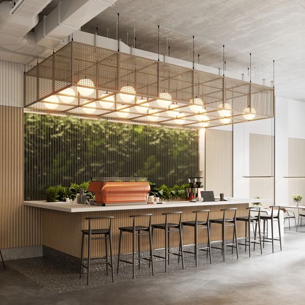 Modern café bar with sleek stools and warm lighting.