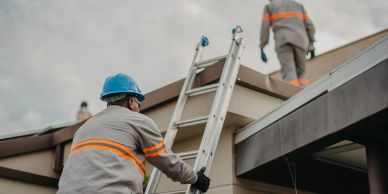 Workers climbing ladder to rooftop.