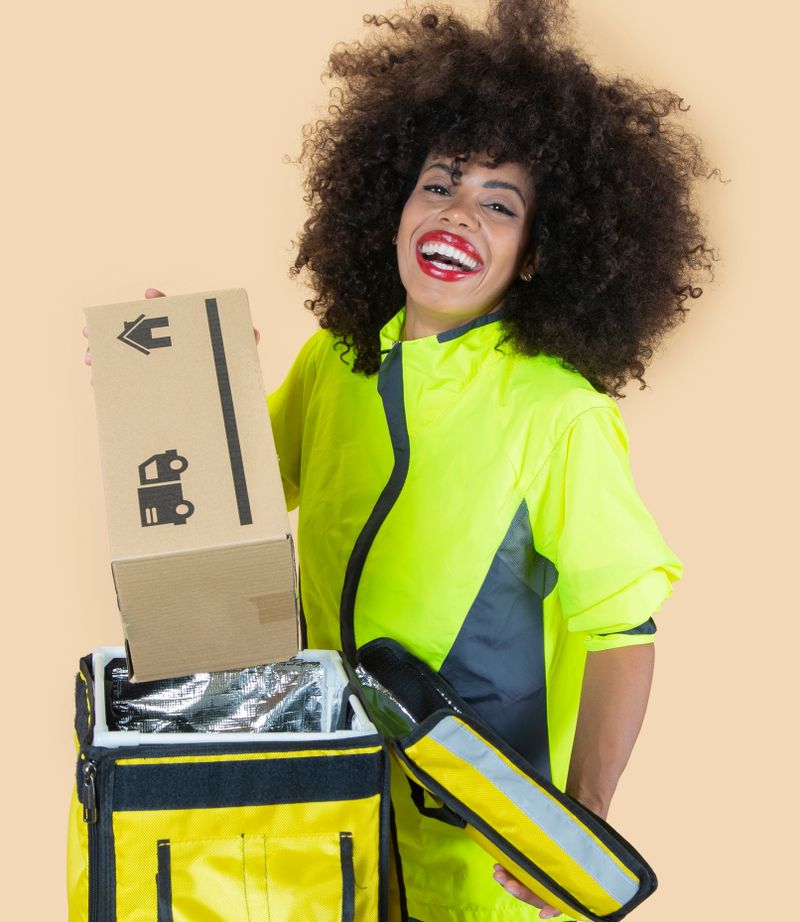 delivery woman, open her backpack and take box