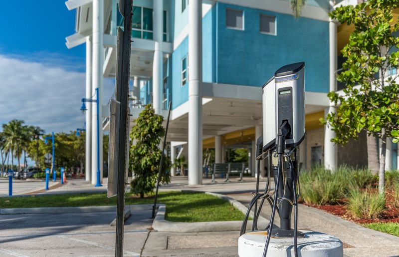 Modern electric car dual charging station ready to be use.