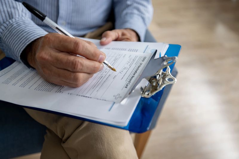 Close-up on a man filling a form before getting his COVID-19 vaccine - Pandemic lifestyle concepts