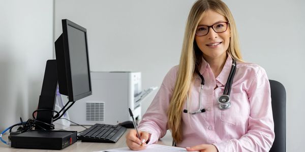 Smiling female doctor with stethoscope writing on clipboard at desk.