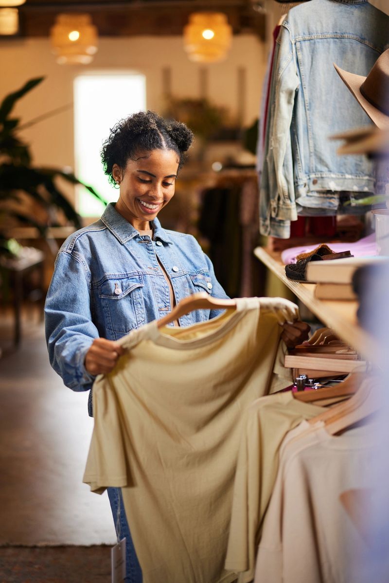 Young woman looking at a shirt and smiling while browsing the racks in a clothing boutique