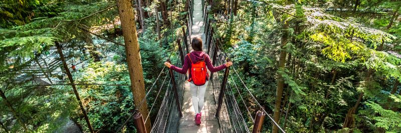 Canada travel people lifestyle banner. Tourist woman walking in famous attraction Capilano Suspension Bridge in North Vancouver, British Columbia, canadian vacation destination for tourism.