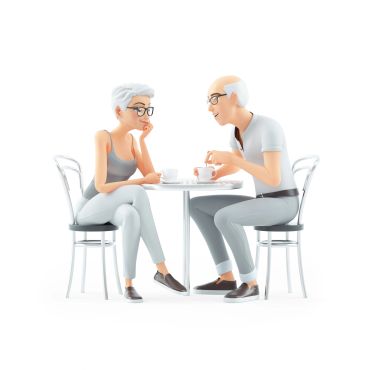 Elderly couple having coffee and talking.