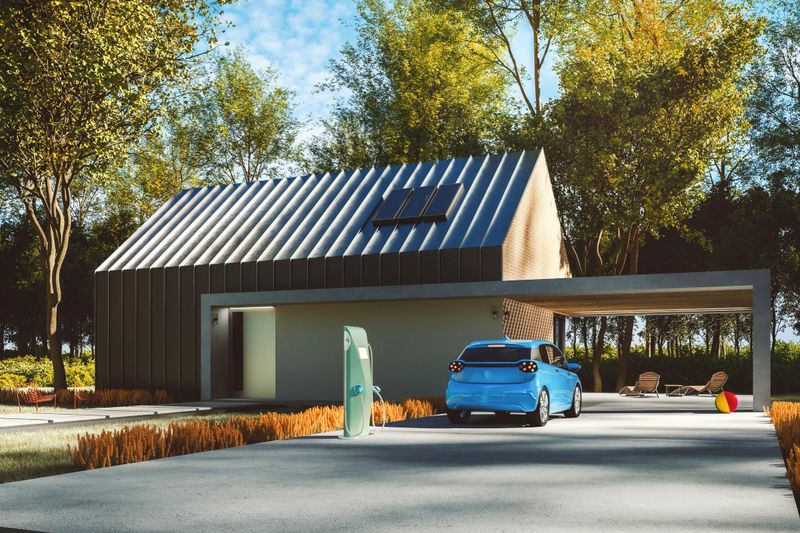 Modern house with electric charging station and parked vehicle. Generic vehicle is custom modeled and not based on any real or concept model/brand.