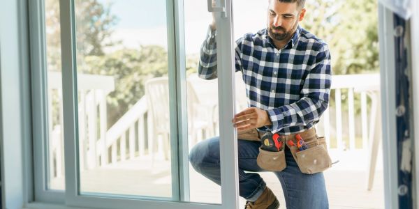 Handyman installing a glass door.
