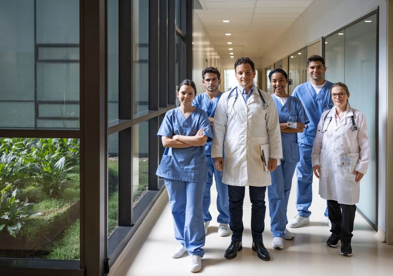 Happy Latin American team of doctors and nurses working at the hospital and looking at the camera smiling - healthcare and medicine concepts