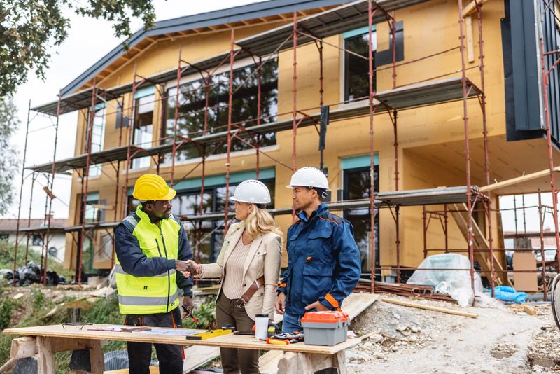 Front view shot of bearded black male construction foreman in mid 40s shaking hands in greeting with female Caucasian architect in early 50s.