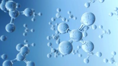 3D molecular structure against a blue background.