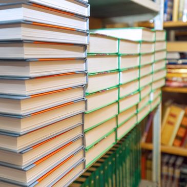 Stacks of neatly arranged books on a shelf in a bookstore or library.