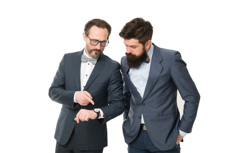 time management. mature men have own business. partnership of boss men isolated on white. bearded businessmen in formal suit. business meeting. team success. collaboration and teamwork. time to work.