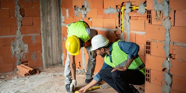 Two construction workers inspecting pipes inside a building under construction.