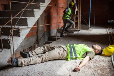 Construction worker lying unconscious on the floor at a building site.